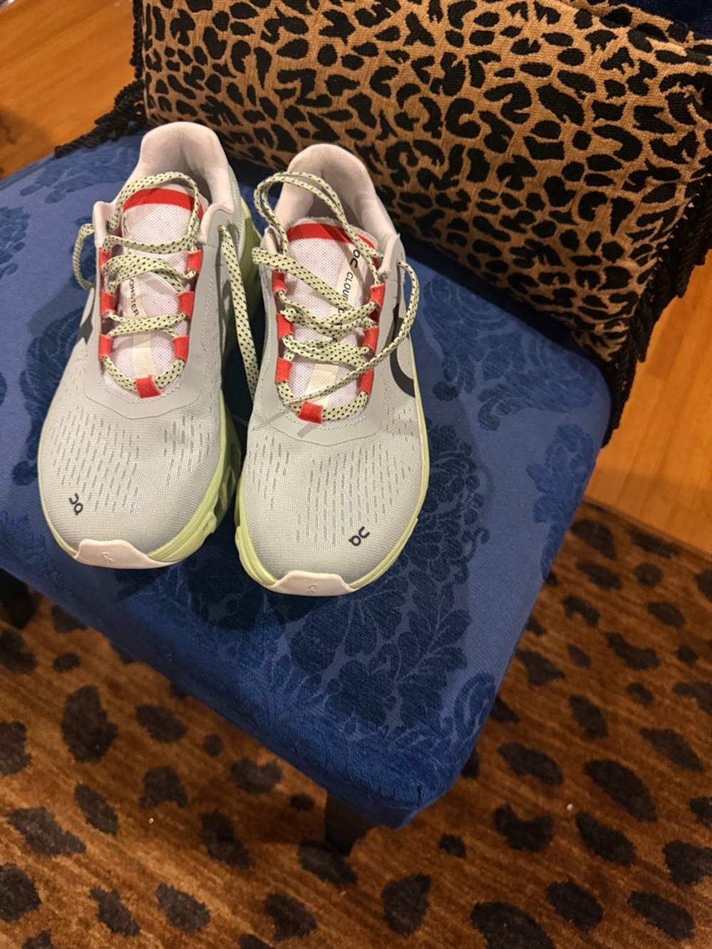 On Running Women's Light Gray and Lime Sneakers with Coral Accents